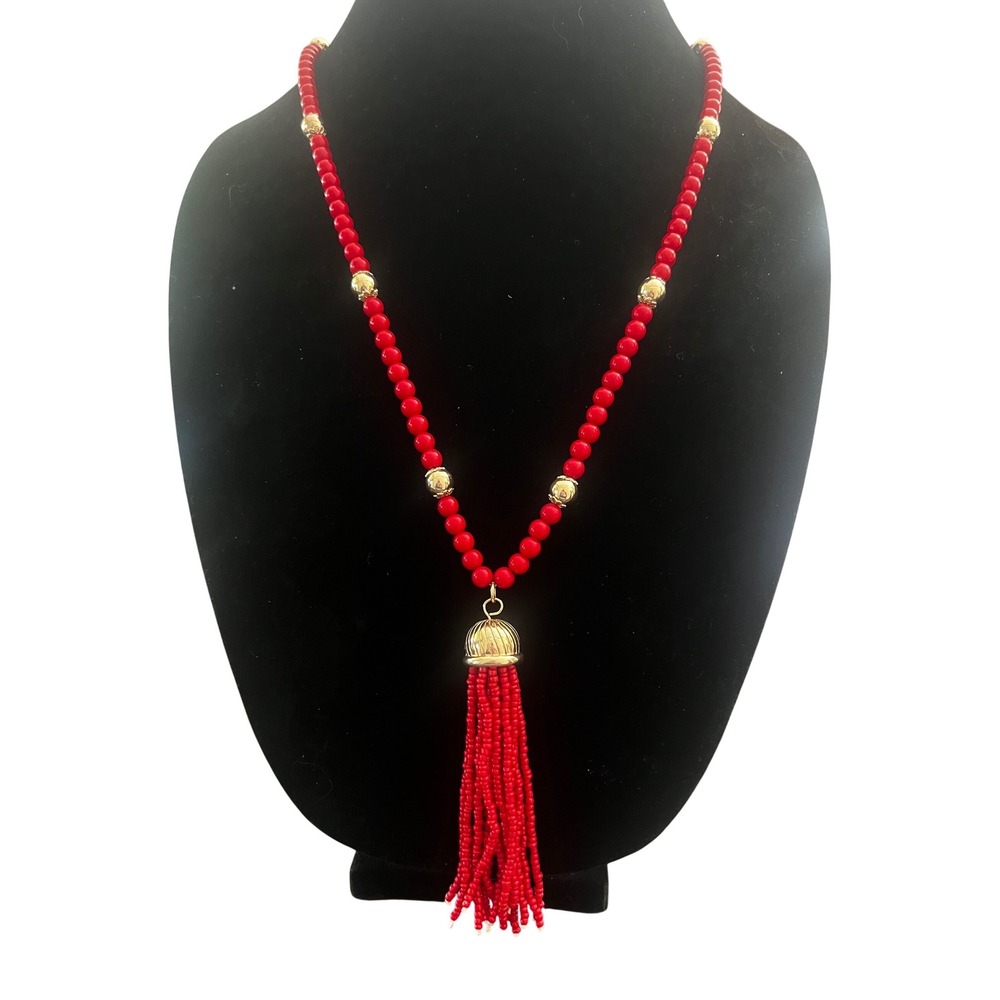Vtg Boho Red Beaded Tassel Necklace Gold Tone Accents Long Statement Jewelry